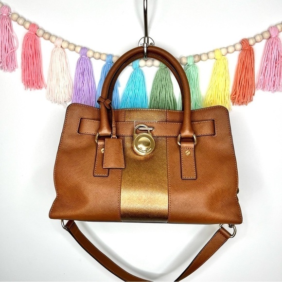 Michael Kors Hamilton Center Stripe Luggage Saffiano Satchel Crossbody Bag - Picture 6 of 16